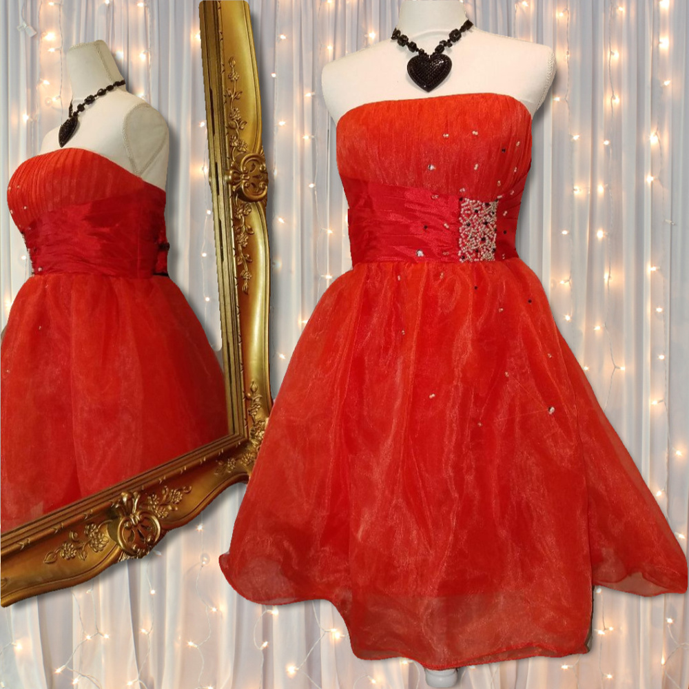 Red Strapless Jeweled Tulle Short Ball Gown Dress